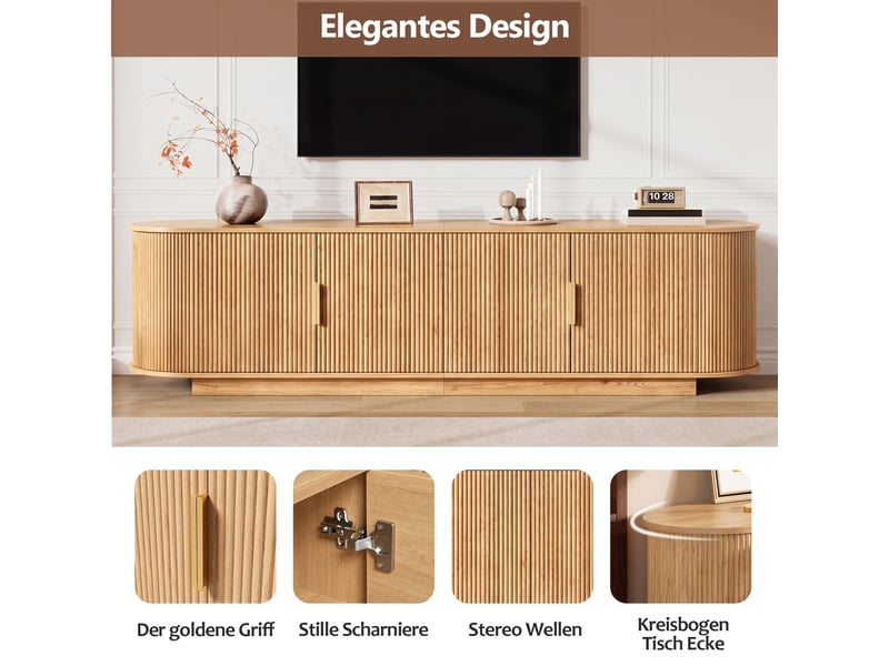  Meuble tv 180 cm 4 portes - banc tv couleur naturelle avec façade ondulée et grand rangement  - Conforama D