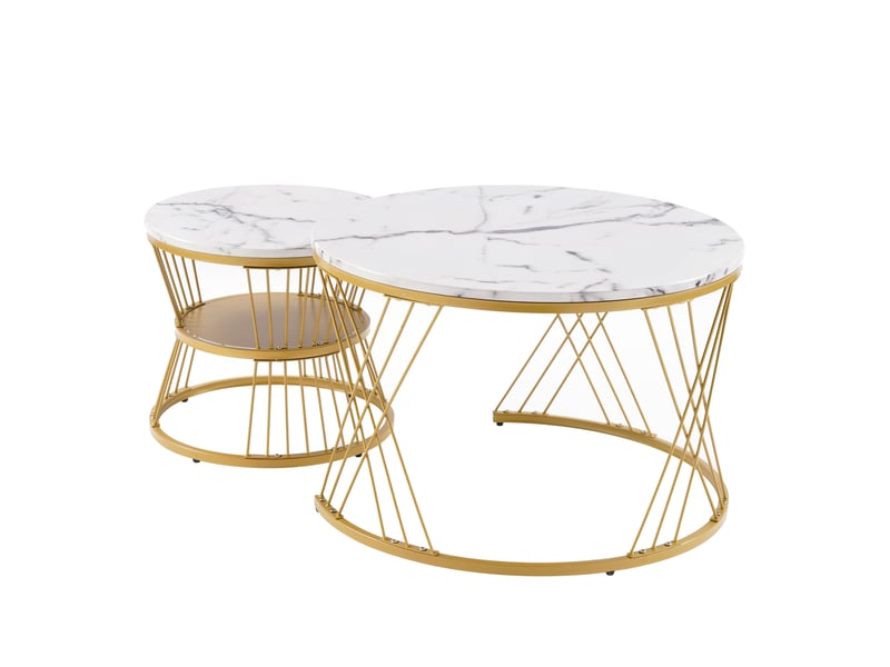 Tables basses gigognes modernes, effet marbre, 2 pièces, plateau rond, cadre doré, finition brillante - Conforama D