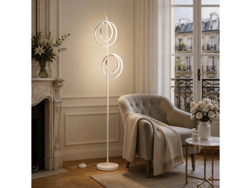  Lampadaire led 2 anneaux 21w 1590 lm, 4500k blanc neutre, blanc sablé et chrome, h159 cm, interrupteur au pied, prise eu, câble 1,8 m  - Conforama B