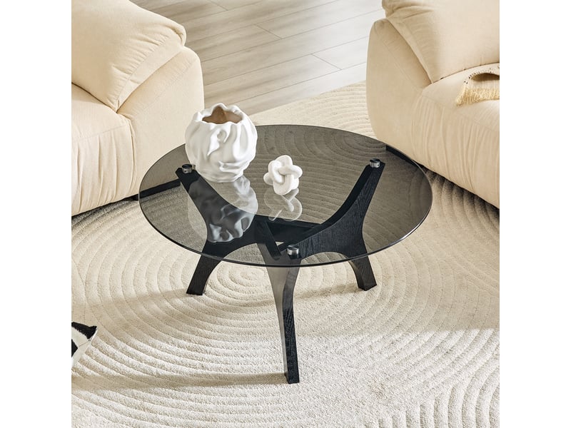 Table basse ronde moderne, plateau en verre, cadre en bois noir, ø80 cm, résistante chaleur et rayures - Conforama E