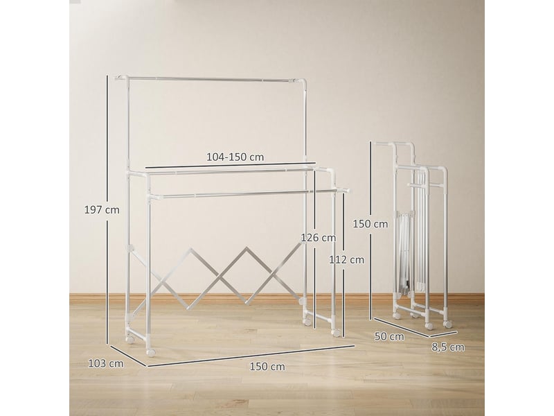  Séchoir à linge pliable 3 barres roulettes acier argent 104-150 x 103 x 145-197 cm  - Conforama C
