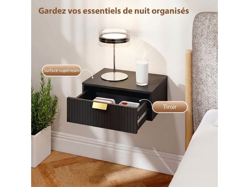  Lot de 2 chevets flottants design noir doré - 40 x 30 x 15 cm - tiroir  - Conforama D