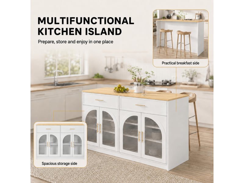 Îlot de cuisine avec led, tiroirs et étagères réglables - lpospi - portes transparentes mdf blanc 135 × 55 × 91 cm - Conforama E