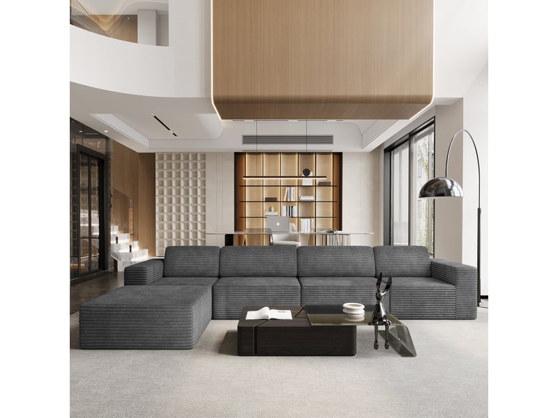 Canapé d'angle 4 places modulaire en velours côtelé avec 1 pouf,canapé compressé,sans assemblage,404x202x82cm,gris 404x202x82CM - Conforama B