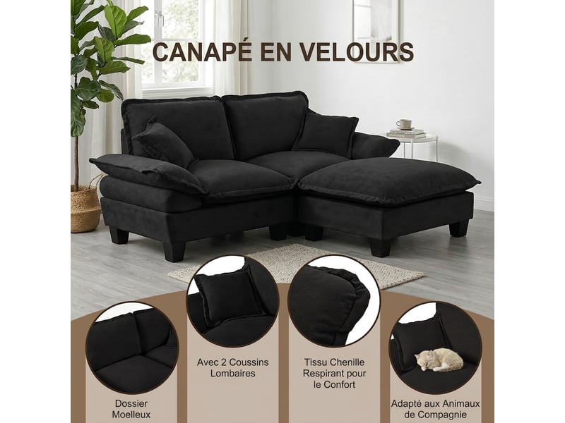  Canapé d'angle modulable convertible en l 4 places 263 cm chenille noire avec ottomane amovible  - Conforama W