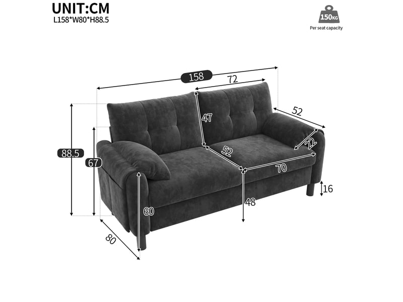 Canapé modulable ulevr 2 places avec poches latérales, 158 cm, chenille gris - Conforama C