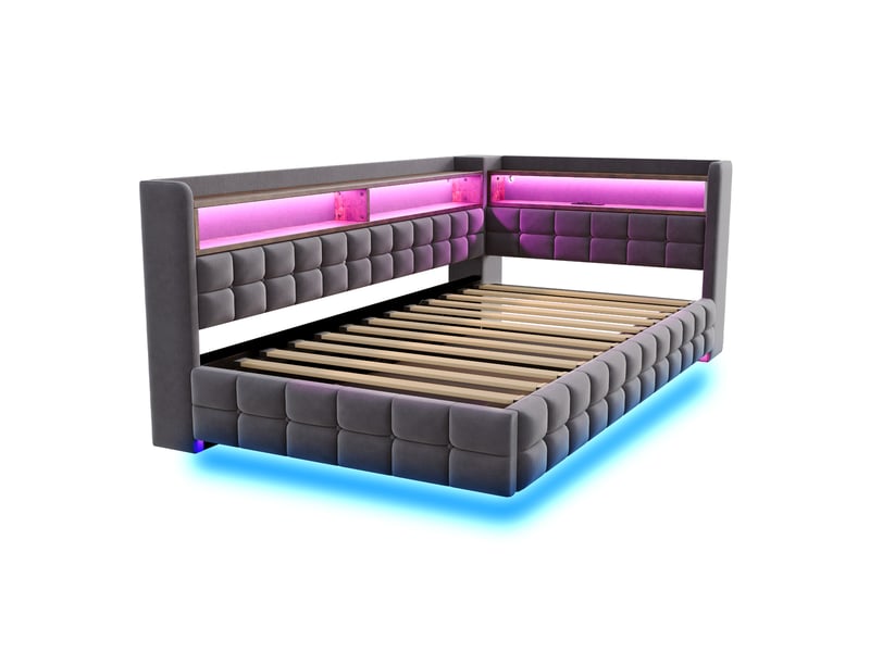 Lit capitonné 90x200 cm gris, led, prises usb type-c, coffre hydraulique et étagère - Conforama A