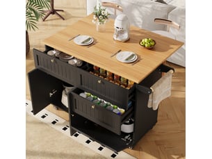 Desserte de cuisine extensible 133 x 70 x 88 cm, mdf noir, roulettes et rangement