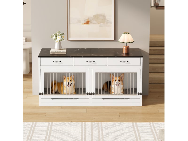  Console 3 tiroirs 164x60x81 cm, grand espace de rangement, structure métallique et panneaux mdf blancs et noirs  - Conforama D
