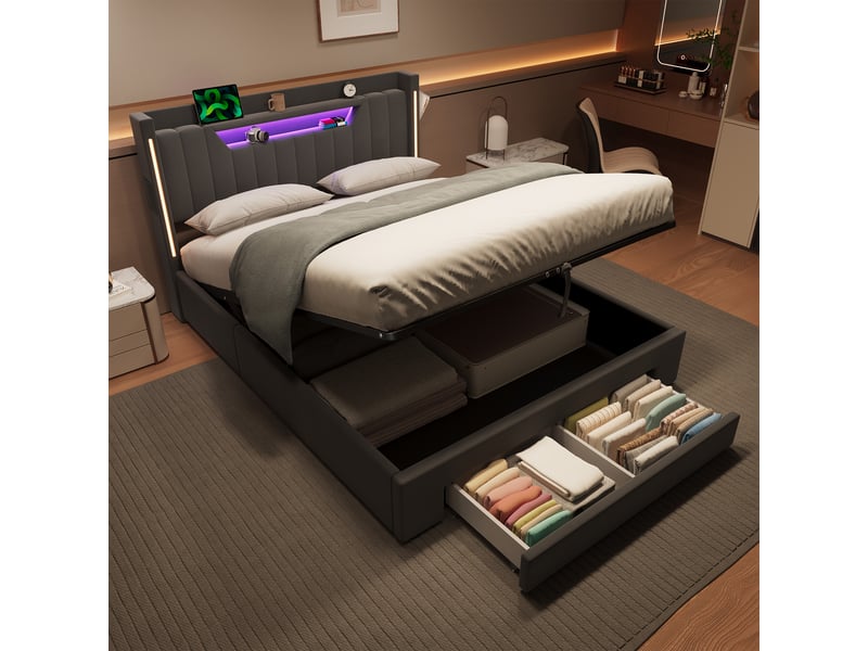  Lit coffre 140x200 cm led avec tiroirs, charge et rangement, velours gris (sans matelas)  - Conforama W