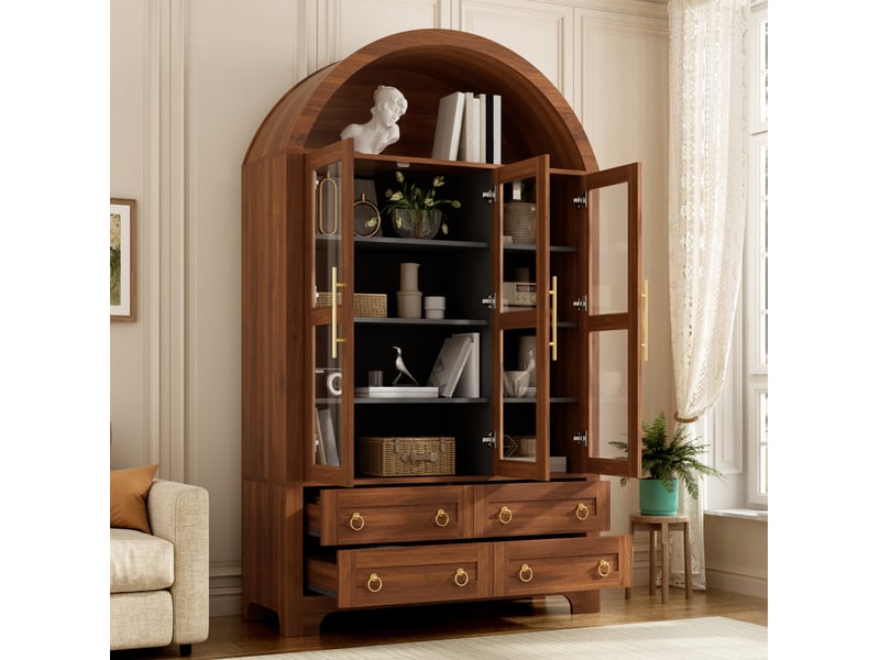  Buffet haut tcqpz 110 x 40 x 185 cm 3 portes vitrées 4 tiroirs niche ouverte mdf et panneaux de particules noyer  - Conforama C