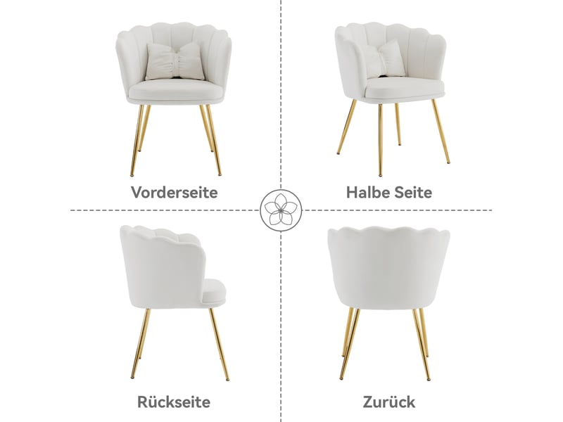  Lot de 4 chaises de salle à manger 63x58x77 cm, dossier pétale, coussin, pieds en métal doré, velours beige  - Conforama E