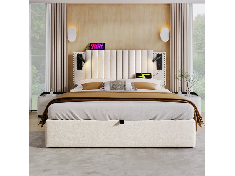  Lit coffre 160x200 cm avec liseuse, charge usb et type c, tête de lit à rivets, beige, avec matelas  - Conforama B