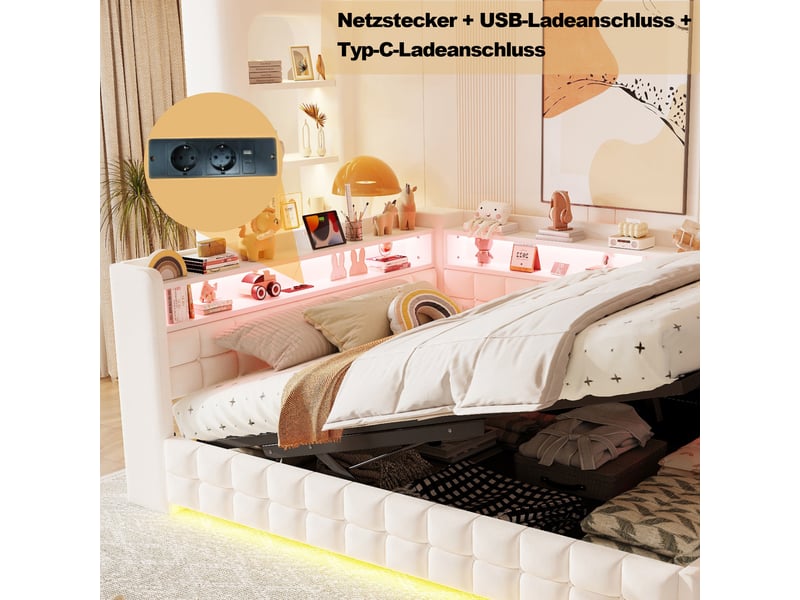 Lit coffre hydraulique 140x200 cm avec rangements, led et prises usb-c, velours beige, sans matelas - Conforama E