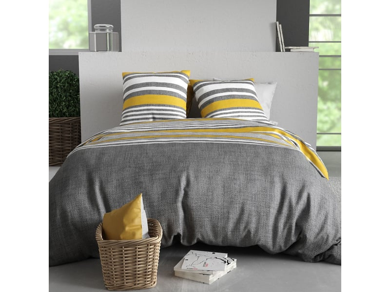  Parure housse de couette 240x220cm + 2 taies motif rayé gris et jaune 100% coton - story STORY - Conforama A