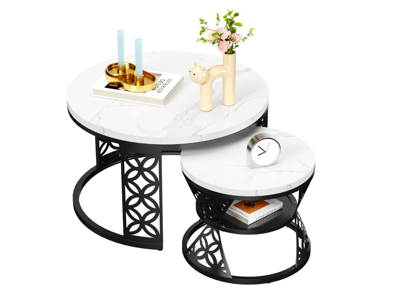  Table basse gigogne 2 pièces effet marbre blanc et structure noire homvra  - Conforama E