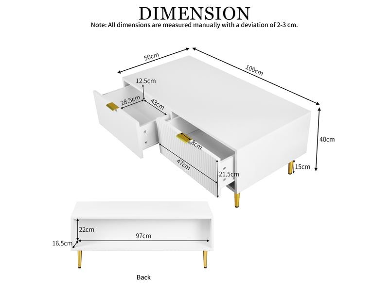  Table basse blanche et dorée avec 2 tiroirs design rayures 100x50x40 cm mdf  - Conforama C