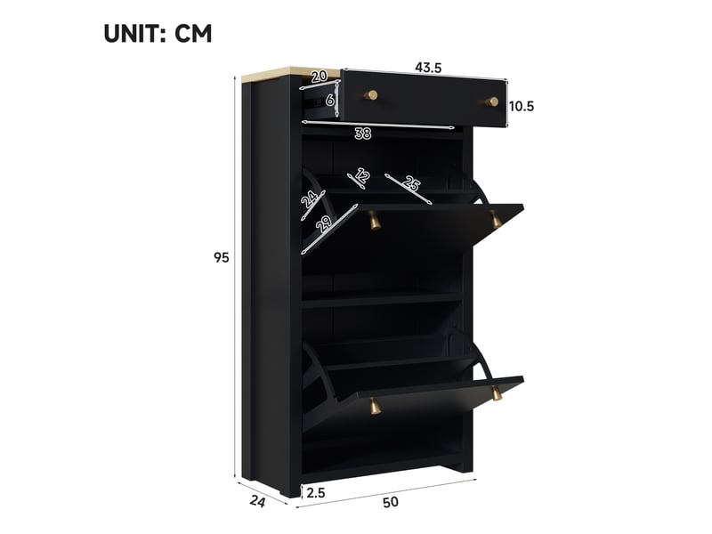  Meuble à chaussures avec 1 tiroir, 2 abattants et étagères réglables pour entrée et couloir en mdf 50×25×95 cm noir  - Conforama D
