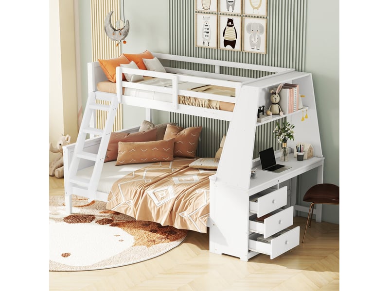 Modenvie lit superposé enfant 90x200 cm + 140x200 cm - avec bureau, rangements, sans matelas - blanc  - Conforama B