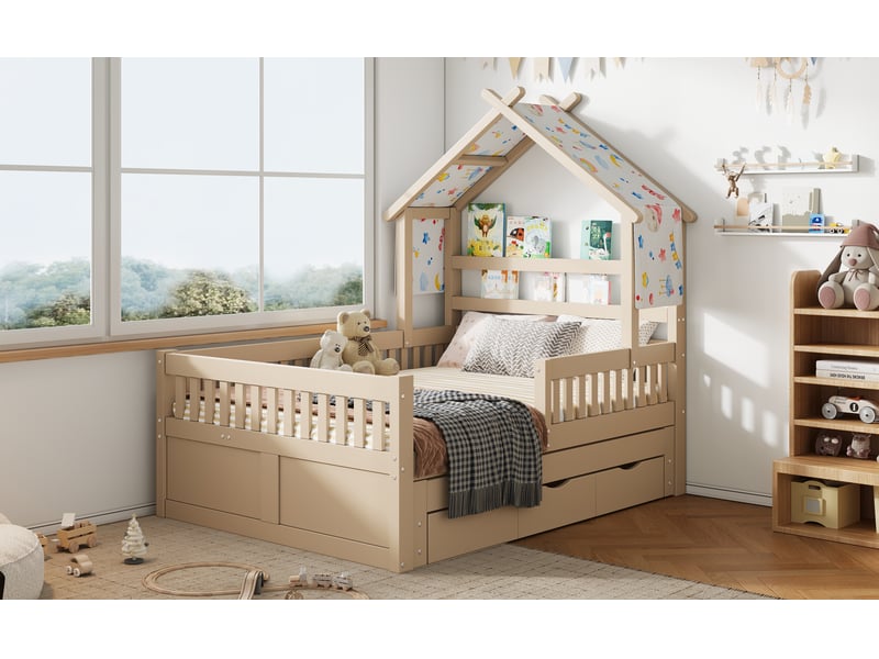 Lit cabane 140x200 cm, lit gigogne, lit enfant, lit 2 place, 3 tiroirs, barrières, bois+mdf, couleur crème sans matelas - Conforama B