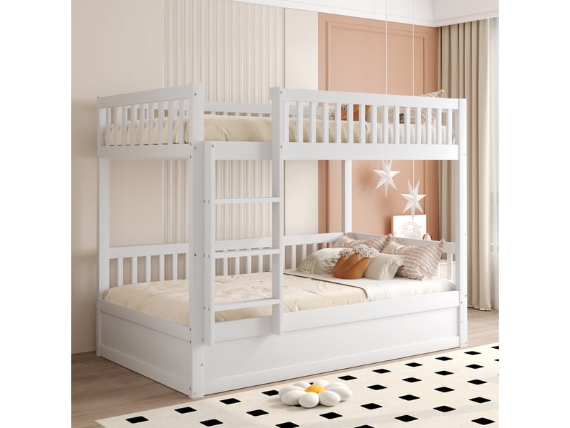  Lit superposé 90x200 cm en bois massif blanc avec rangement hydraulique  - Conforama E