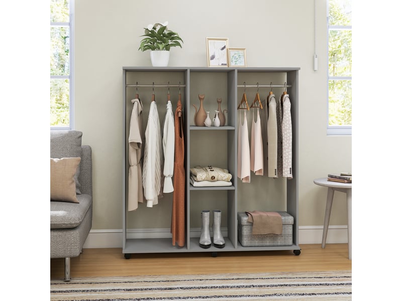  Armoire penderie meuble de rangement mobile 6 roulettes 120 x 40 x 128 cm gris en bois  - Conforama W
