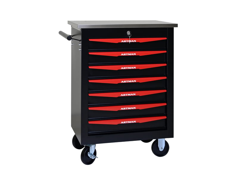  Desserte d'atelier 7 tiroirs 62,5 x 34,5 x 78 cm noir et rouge, acier avec plateau de travail inoxydable  - Conforama D