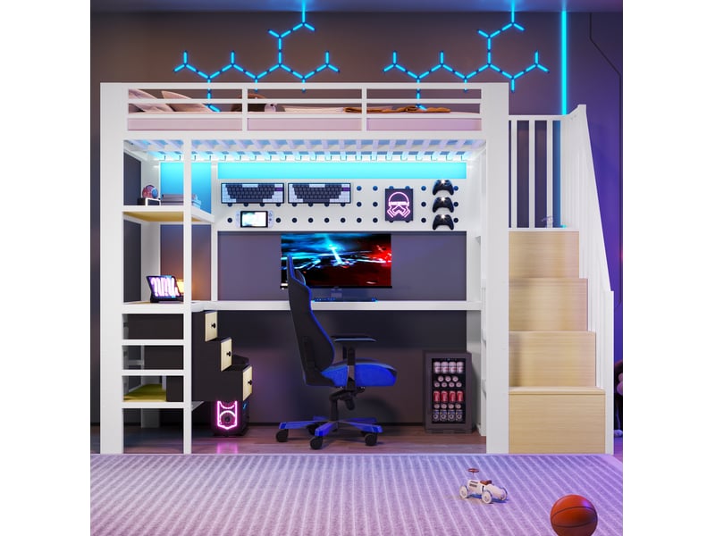  Lit mezzanine 90x200 cm avec bureau, rangements et led blanc  - Conforama B