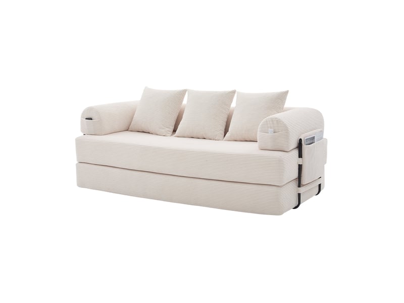  Canapé convertible 200x94x67 cm à 3 places avec poches latérales, 3 coussins, structure métal, velours côtelé beige  - Conforama A
