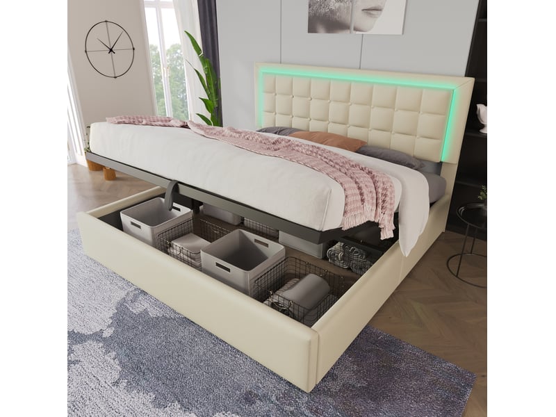  Lit coffre 180 x 200 cm blanc en pu avec sommier à lattes et éclairage led  - Conforama D