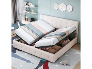 Lit coffre 180 × 200 cm 2 places avec rangement hydraulique et tête de lit réglable, sans matelas, beige