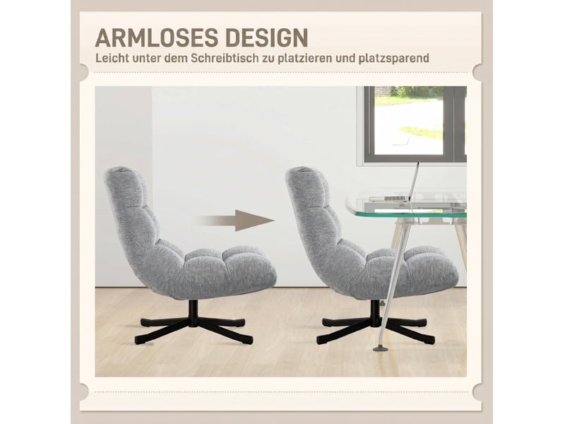  Fauteuil lounge pivotant 360° gris, assise large en polyester aspect chenille, pieds en acier thermolaqué  - Conforama D