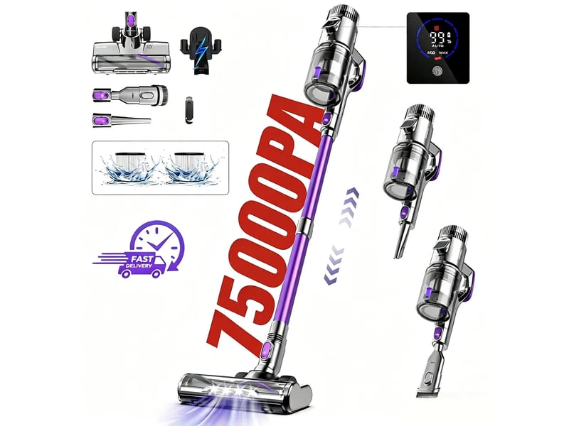  Aspirateur balai sans fil avec écran led intelligent, filtration hepa, pour poils d’animaux, tapis, sols durs et voiture  - Conforama A