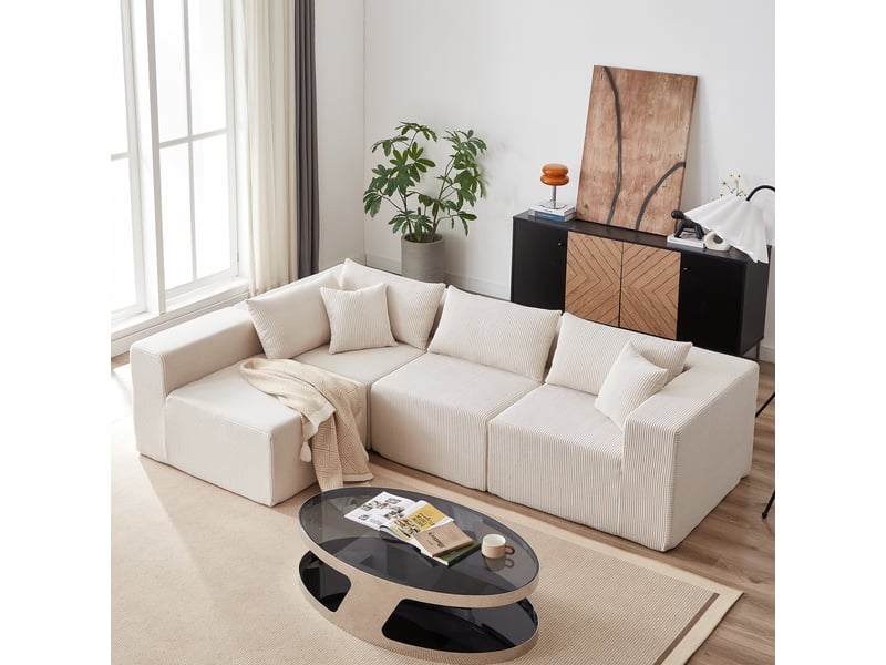  Canapé d’angle modulable 4 places en velours côtelé, assise basse sans montage, 264 × 167 × 71 cm, beige  - Conforama D