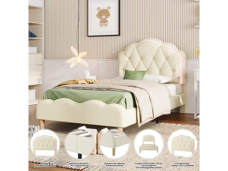  Lit enfant 90 × 200 cm 1 place avec led multicolore et tête de lit ondulée, sans matelas, en pu beige  - Conforama E