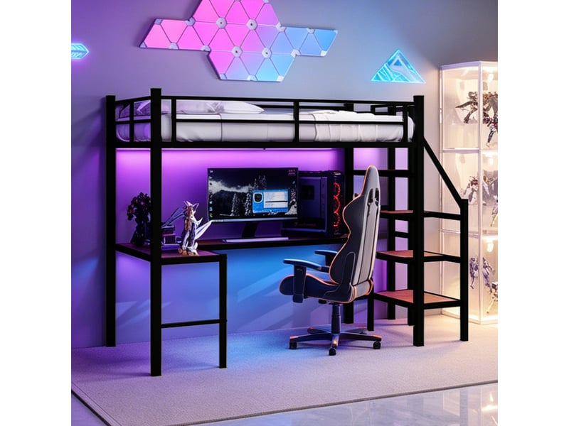  Lit mezzanine enfant métal  90x190 cm- bureau l intégré - structure robuste avec rangement étagères escalier sécurisé  - noir  - Conforama B