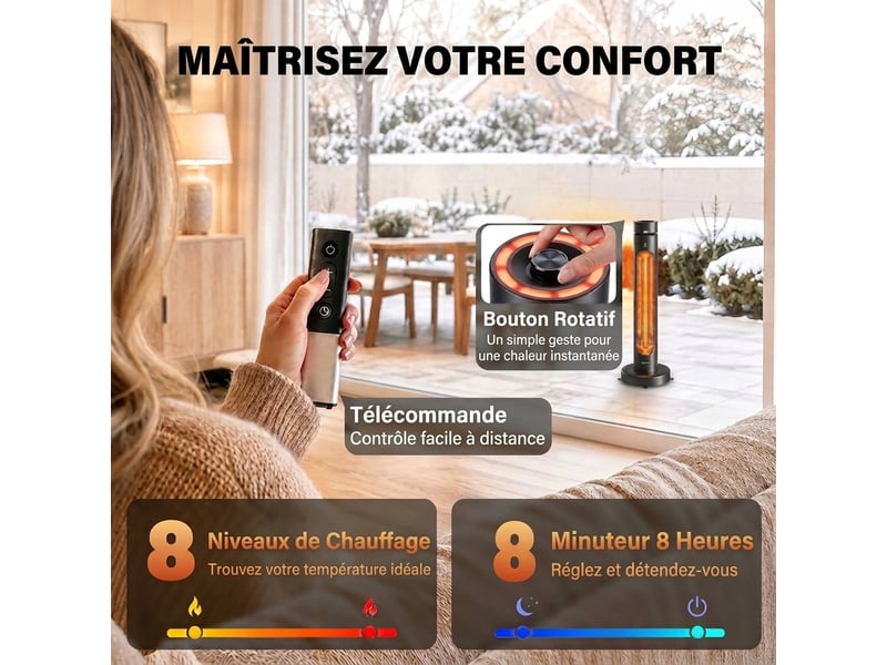 Chauffage de terrasse infrarouge 2000w oscillant avec télécommande et housse - Conforama E