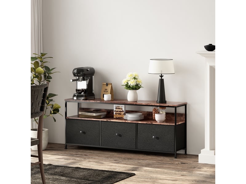  Meuble tv - 108x30x57cm - avec éclairage led, 3 tiroirs en tissu pu- meuble de rangement - bois rustique et noir  - Conforama C