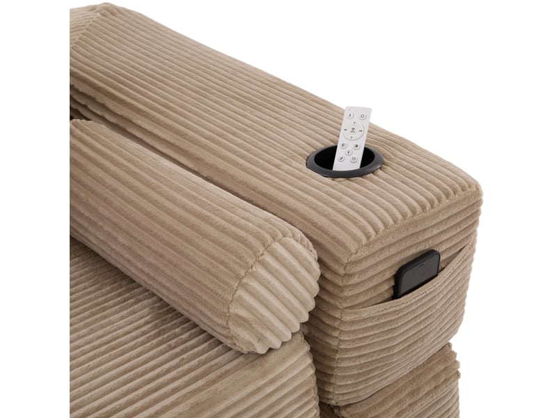 Canapé convertible 2 places en velours côtelé beige avec poches latérales et porte-gobelets - Conforama E