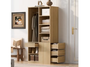 Armoire de rangement bois clair 70 × 47 × 170 cm avec penderie, 4 tiroirs et étagères pour chambre