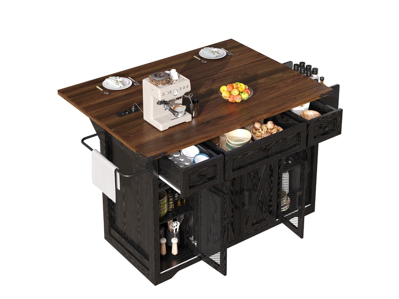 Îlot de cuisine sur roulettes noir avec plan de travail extensible, prises électriques intégrées, hauteur 91 cm - Conforama A