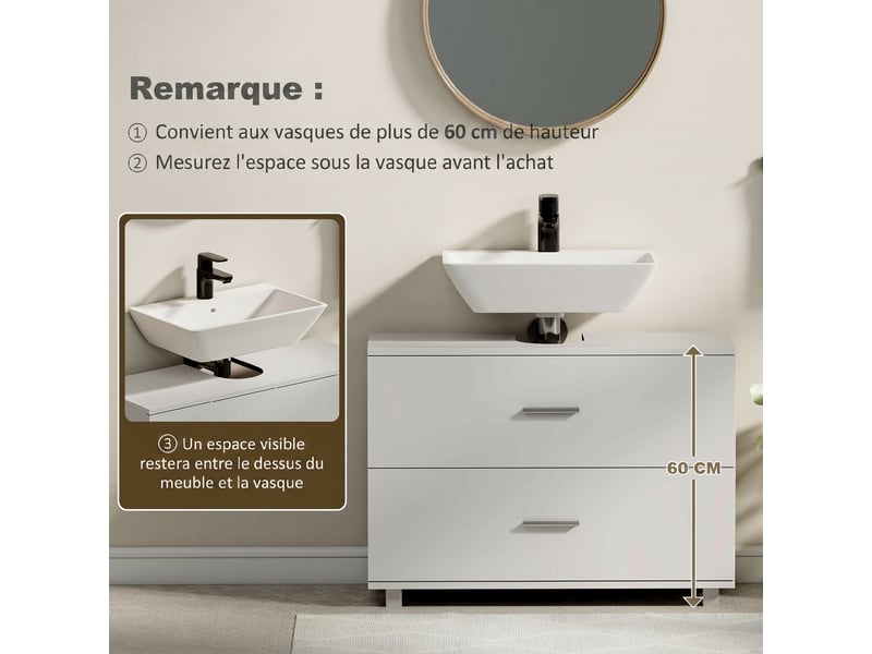 Meuble sous lavabo, meuble de salle de bain avec 2 tiroirs, 80 x 30 x 60 cm, style moderne, blanc - Conforama R