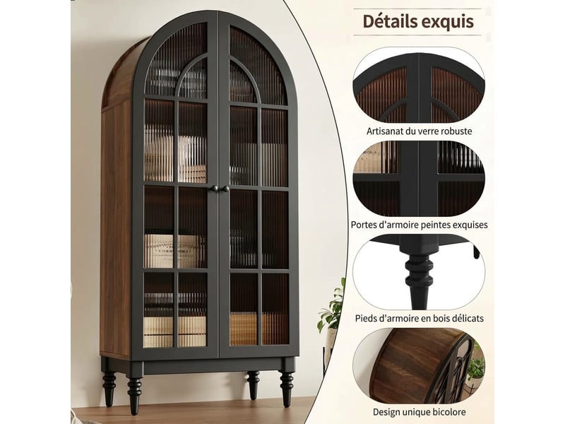 Buffet de cuisine haut 152x35,5x165 cm noir avec portes en verre et rangements  - Conforama D