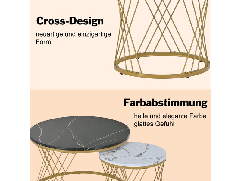  Lot de 2 tables basses gigognes rondes – mdf décor marbre – noir, blanc et structure dorée – ø 7045 cm  - Conforama E