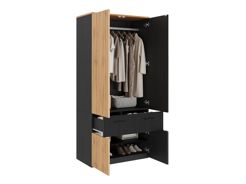 Armoire dressing 2 portes 90 x 50 x 200 cm en mdf et panneau de particules noir et bois clair, 1 tringle, 2 tiroirs - Conforama A