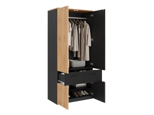 Armoire dressing 2 portes 90 x 50 x 200 cm en mdf et panneau de particules noir et bois clair, 1 tringle, 2 tiroirs