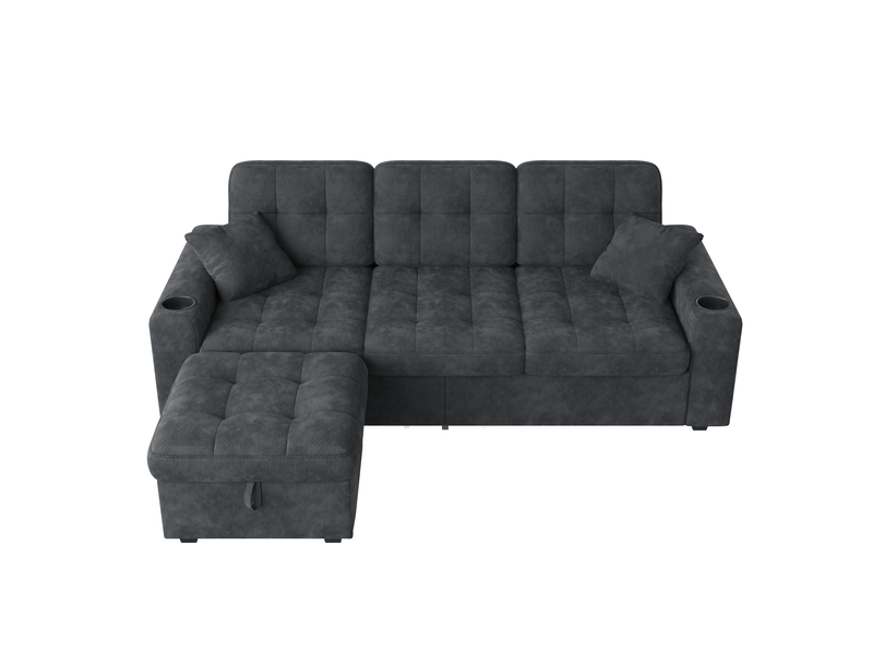 Canapé droit en chenille avec rangements, ports de charge usb-c, led et porte-gobelets pour salon moderne noir - Conforama A