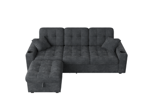 Canapé d'angle panoramique fixe OKMYHOME  3 places Tissu noir avec coffre de rangement