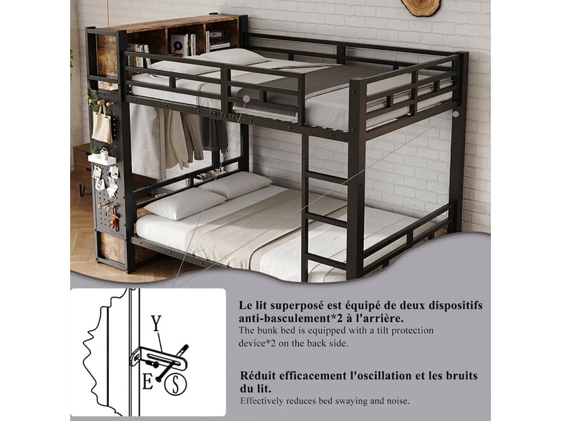  Lit superposé métal noir 120x200 avec rangement intégré, penderie et tiroir sans matelas  - Conforama D