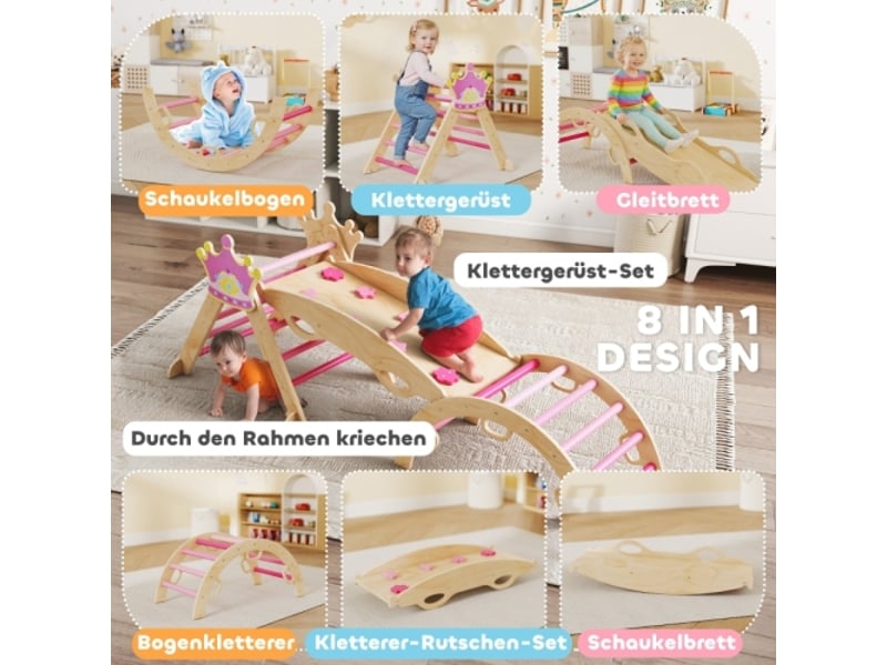 Structure d’escalade enfant 8 en 1 en bois, design princesse, toboggan, rampe et arche, intérieur - Conforama D